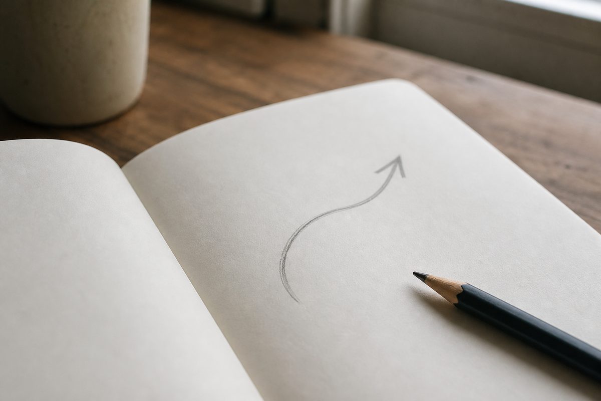 An open notebook on a wooden desk beside a window, with a pencil and a hand-drawn arrow that curves before turning upward